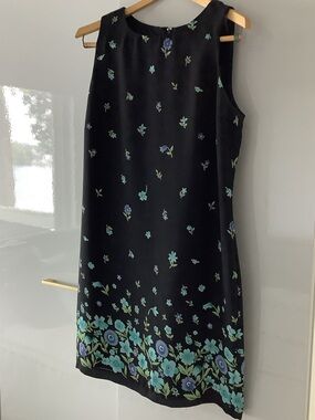 Black Mini Dress with Teal & Blue Floral Border